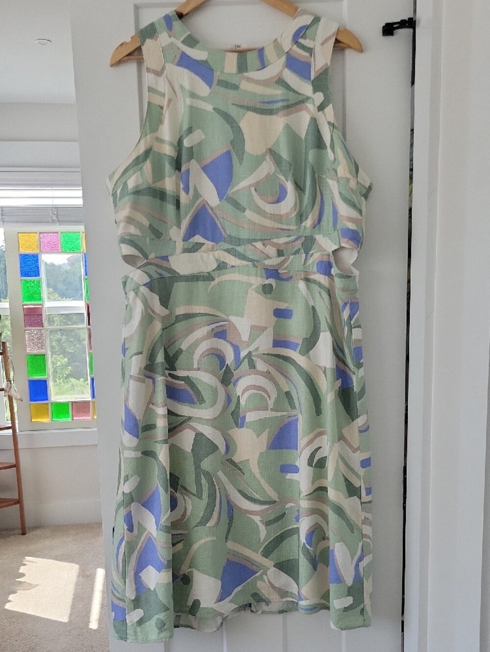 Nine West Sleeveless Abstract Print Linen Blend Dress in Sage, Blue, Cream